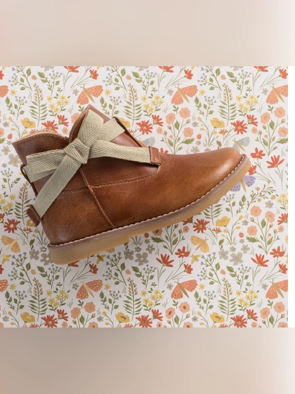 Elephantito Brown Kids Leather Ankle Boot Sunny Bootie with Cream Bow 3